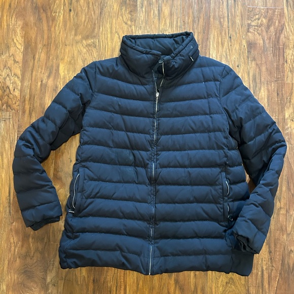 Zara Women’s Size Large Insulated Down Jacket Dark Blue With Packable Hood - Picture 1 of 11